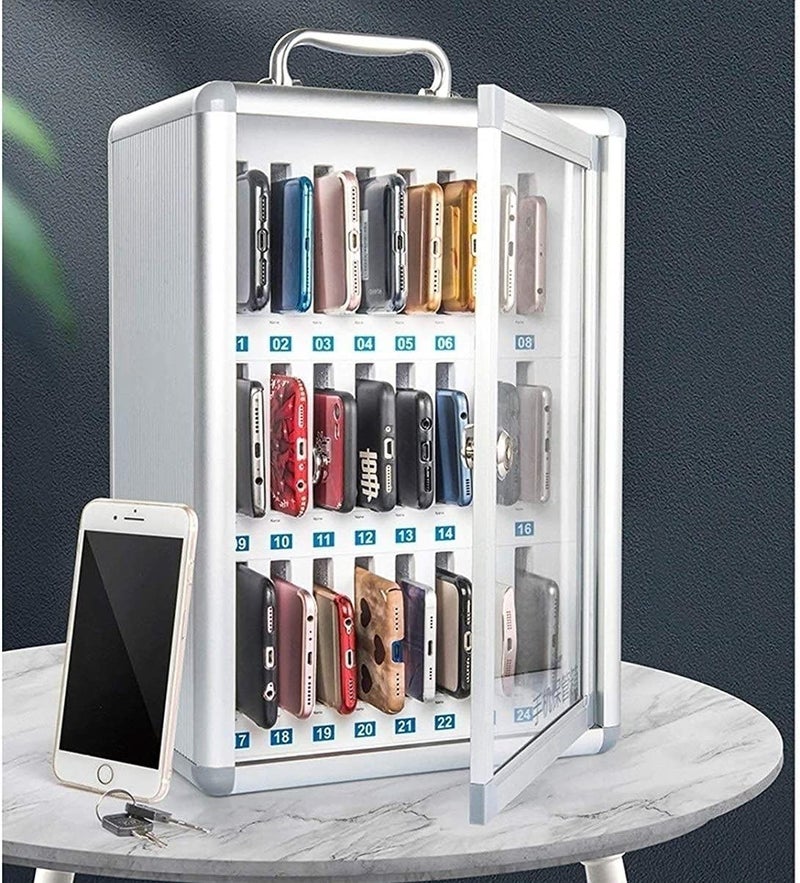 Breewell Cell Phone Locker 24 Slots Aluminium Mobile Phone Storage Box Cell Phone Storage Cabinet with Lock Storage Placement Box Size H38xW285xL198cm Silver - Image 2