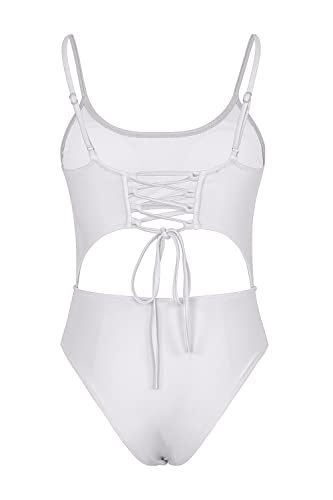 Meyeeka High Cut One Piece Lace Up Swimsuit for Women Spaghetti Strap Cut Out Bodysuit Monokini M White - Image 5
