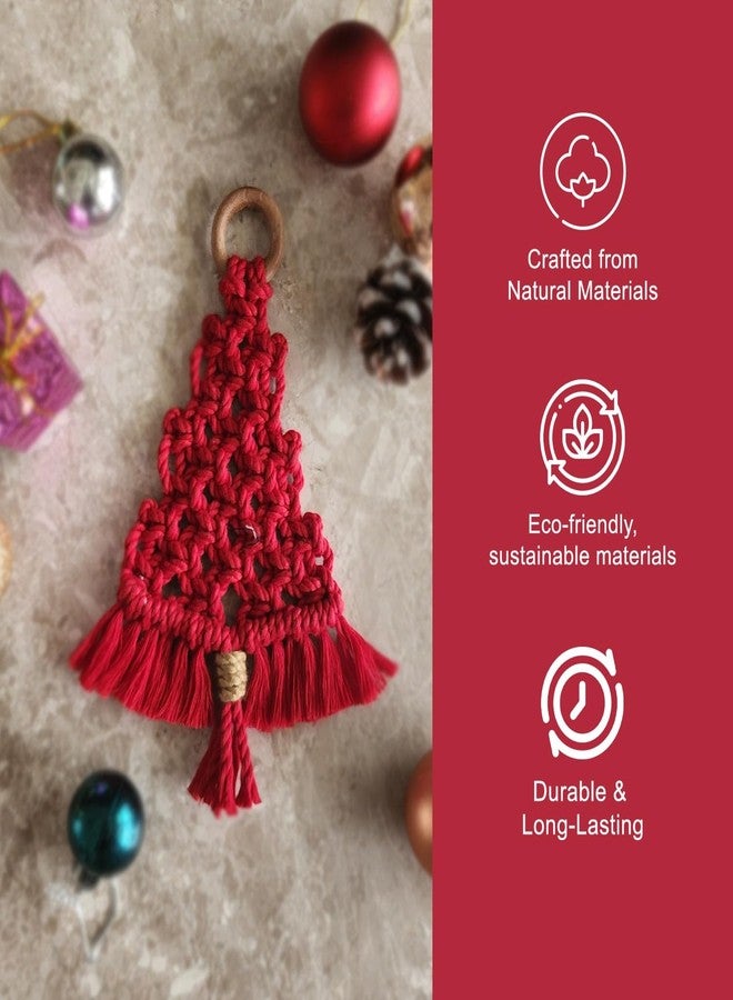 My Creative Hut Handmade Macramé Christmas Tree Ornaments – Set of 3 (Red, Green, Beige), Boho Style Holiday Decorations for Wall Hanging & Tree Décor - Image 2