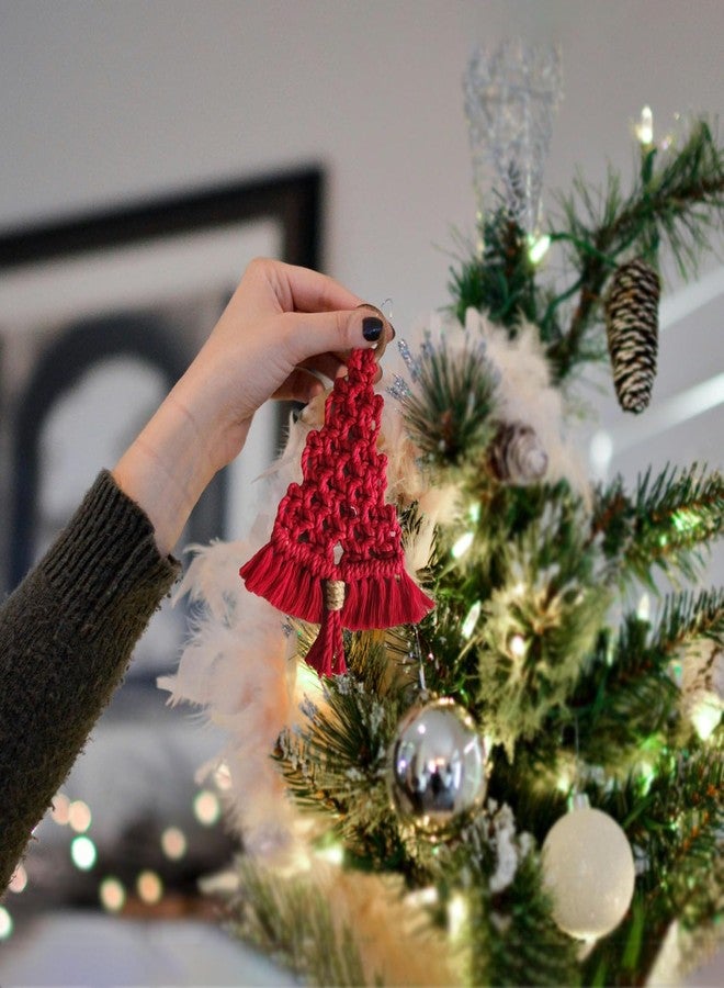 My Creative Hut Handmade Macramé Christmas Tree Ornaments – Set of 3 (Red, Green, Beige), Boho Style Holiday Decorations for Wall Hanging & Tree Décor - Image 1