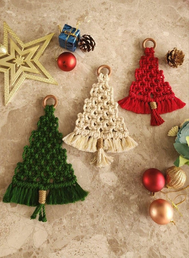 My Creative Hut Handmade Macramé Christmas Tree Ornaments – Set of 3 (Red, Green, Beige), Boho Style Holiday Decorations for Wall Hanging & Tree Décor - Image 5