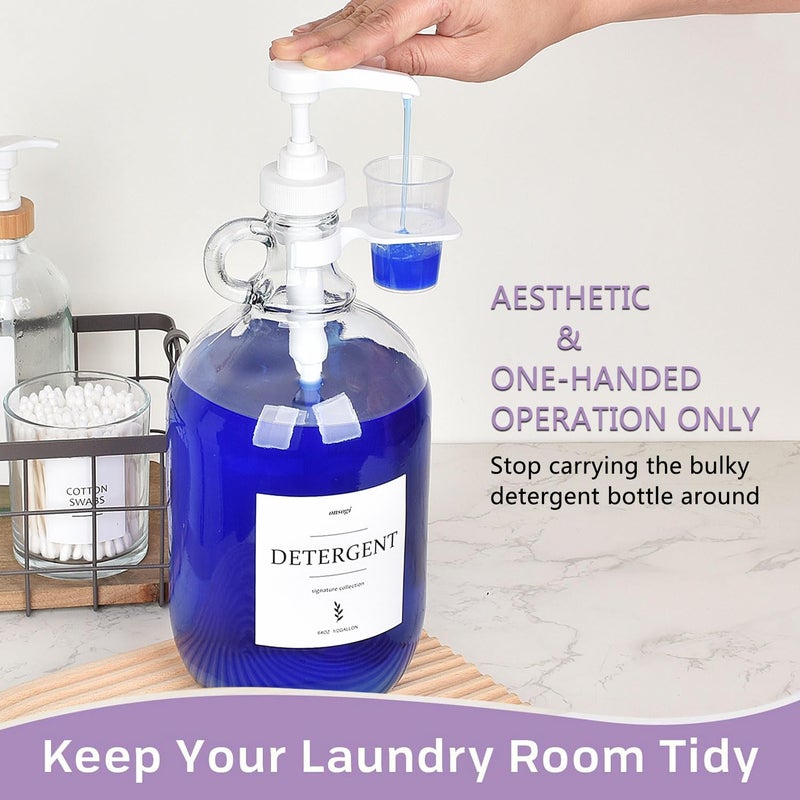 onsogi 2 Pcs Glass Liquid Laundry Detergent Dispenser with Cup Holders, Half Gallon Dispenser for Laundry Room (64 oz. Each), Laundry Detergent Bottles with Pump Dispenser -Includes Labels, Measuring Cups - Image 2