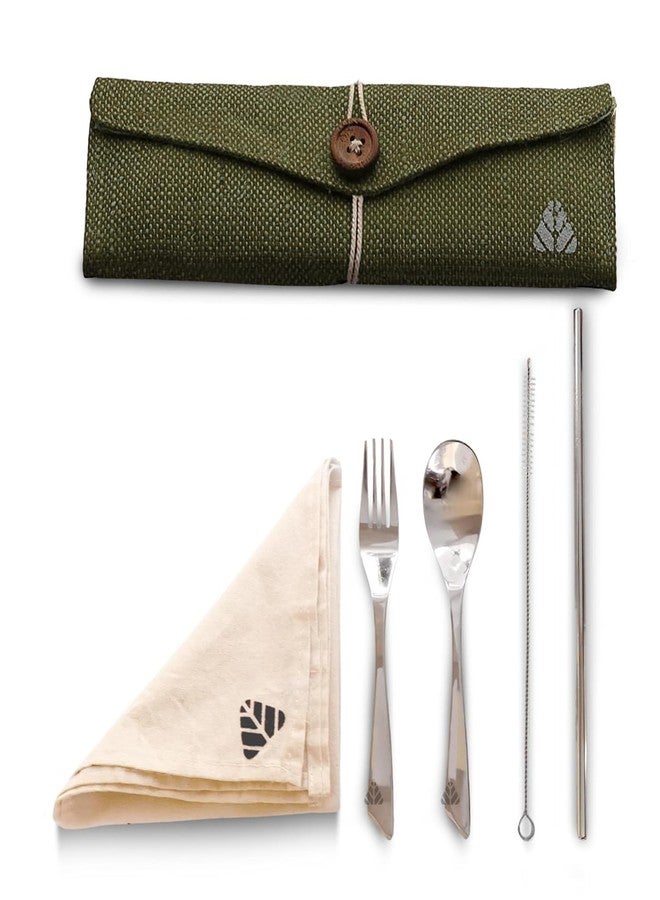 Rusabl طقم أدوات مائدة من الفولاذ المقاوم للصدأ من روسابل (عبوة من 5 قطع، أخضر) حقيبة سفر قابلة لإعادة الاستخدام للاستخدام اليومي، ولتقديمها كهدية، وللسفر (ملعقة، شوكة، ماصة فولاذية، فرشاة تنظيف، منديل، وحقيبة من الجوت). - Image 1