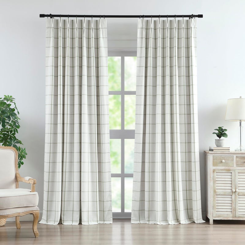 Vision Home Sage Green Plaid Linen Pinch Pleated Full Blackout Curtains Checkered Thermal Insulated Window Panels 95 inch for Bedroom Living Room Darkening Rustic Pleat Drapes with Hooks 40" Wx95 Lx2 - Image 1