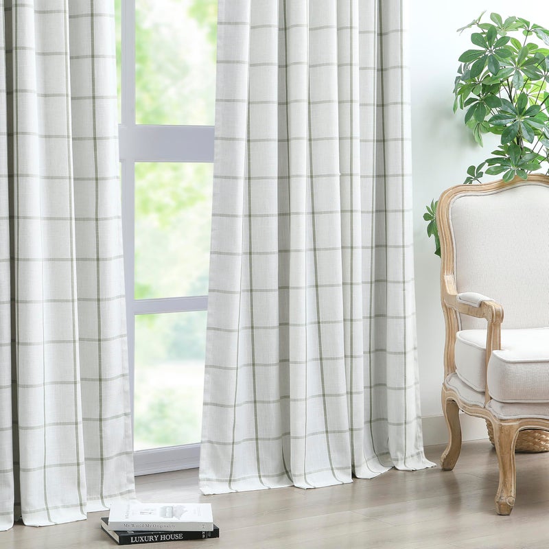 Vision Home Sage Green Plaid Linen Pinch Pleated Full Blackout Curtains Checkered Thermal Insulated Window Panels 95 inch for Bedroom Living Room Darkening Rustic Pleat Drapes with Hooks 40" Wx95 Lx2 - Image 2