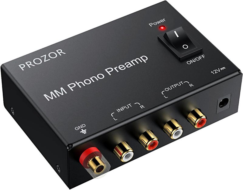 PROZOR MM Phono Turntable preamp - Mini Stereo Audio Low Noise Phono preamplifier with Power Switch, RCA Input, RCA Output, DC 12V Amp Certified Power Adapter Gold-Plated Connectors, Black - Image 1