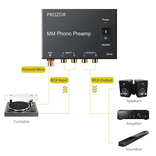 PROZOR MM Phono Turntable preamp - Mini Stereo Audio Low Noise Phono preamplifier with Power Switch, RCA Input, RCA Output, DC 12V Amp Certified Power Adapter Gold-Plated Connectors, Black - Image 2