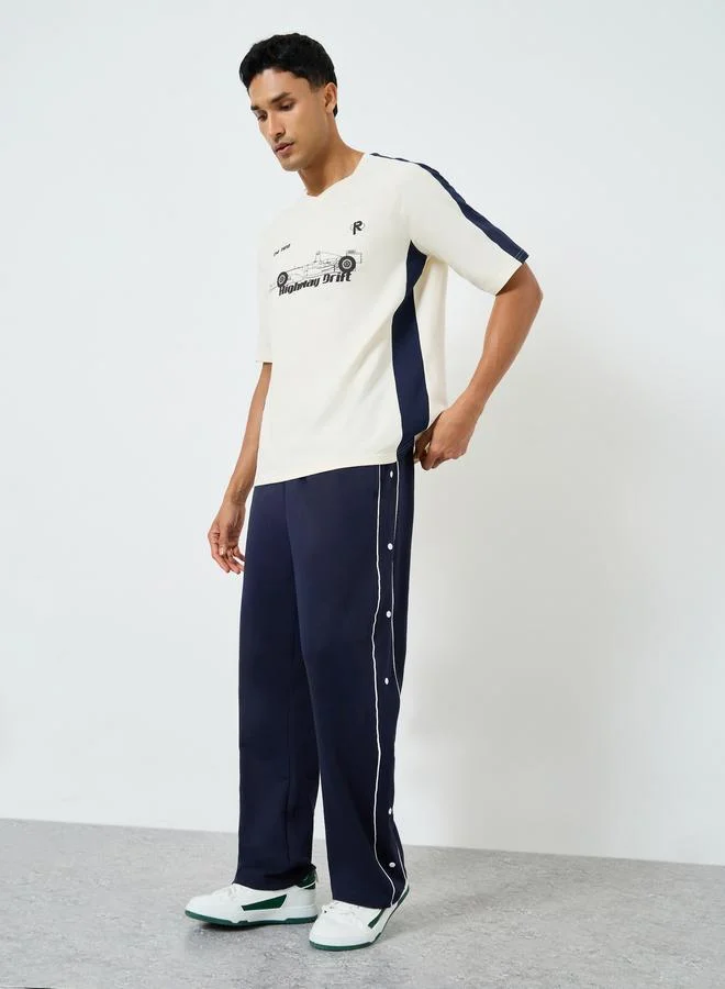 Styli Contrast Piping and Popper Oversized Open Hem Joggers