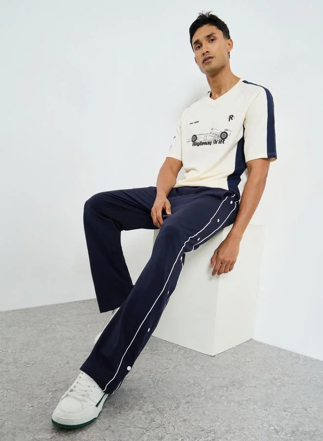 Styli Contrast Piping and Popper Oversized Open Hem Joggers