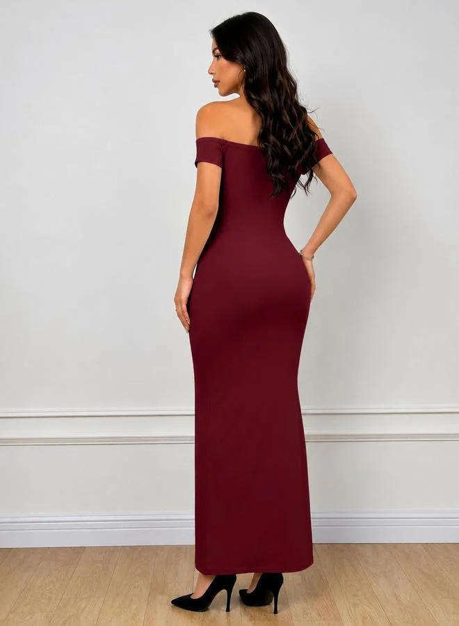 ستايلي Red Off Shoulder Mermaid Hem Midi Dress