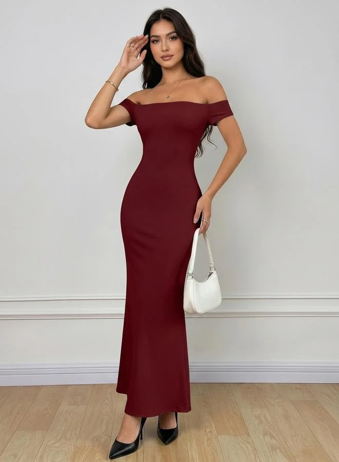 ستايلي Red Off Shoulder Mermaid Hem Midi Dress