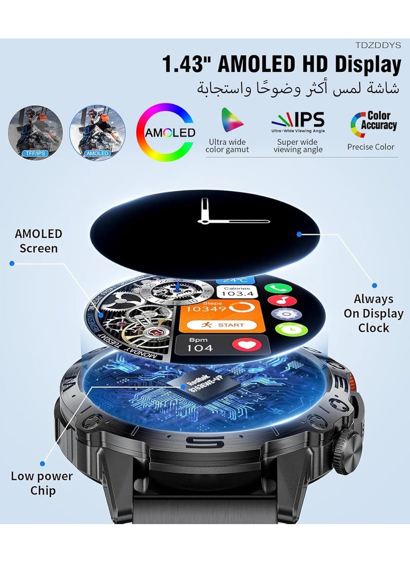 TDZDDYS - 1.43” AMOLED Smart Watch for Men: Answer/Make Calls,TDZDDYS 100+ Sports Modes, Fitness Tracker, IP68 Waterproof, Dual Straps, Compatible with Android/iOS. Monitor Steps, Calories, Heart Rate - Image 1