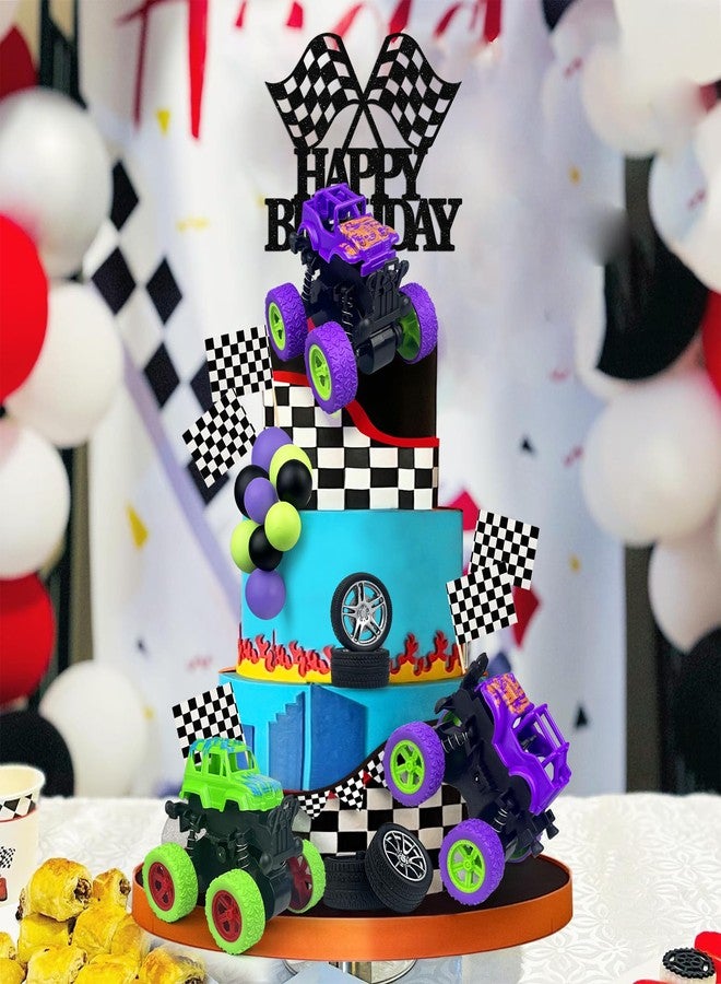 KEEPARTY ٢٩ قطعة لتزيين كعكة على شكل شاحنة، قطعتان باللون البنفسجي وقطعة واحدة باللون الأخضر، زينة علوية للكعكة على شكل مركبة للطرق الوعرة، كرات باللون البنفسجي الداكن والأخضر الفاتح والأسود، لوازم حفلات بطابع الشاحنات - Image 5