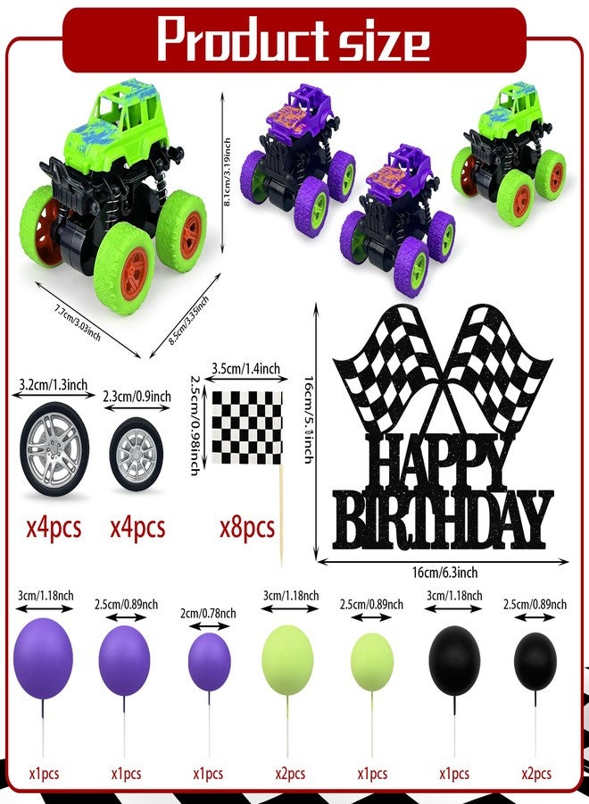 KEEPARTY ٢٩ قطعة لتزيين كعكة على شكل شاحنة، قطعتان باللون البنفسجي وقطعة واحدة باللون الأخضر، زينة علوية للكعكة على شكل مركبة للطرق الوعرة، كرات باللون البنفسجي الداكن والأخضر الفاتح والأسود، لوازم حفلات بطابع الشاحنات - Image 2