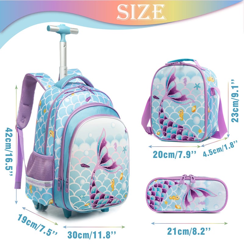 HTgroce Mermaid Blue 16 Inch 3 in 1 Trolley Backpack with Wheels for Girls, Includes Lunch Bag and Pencil Case - Image 2