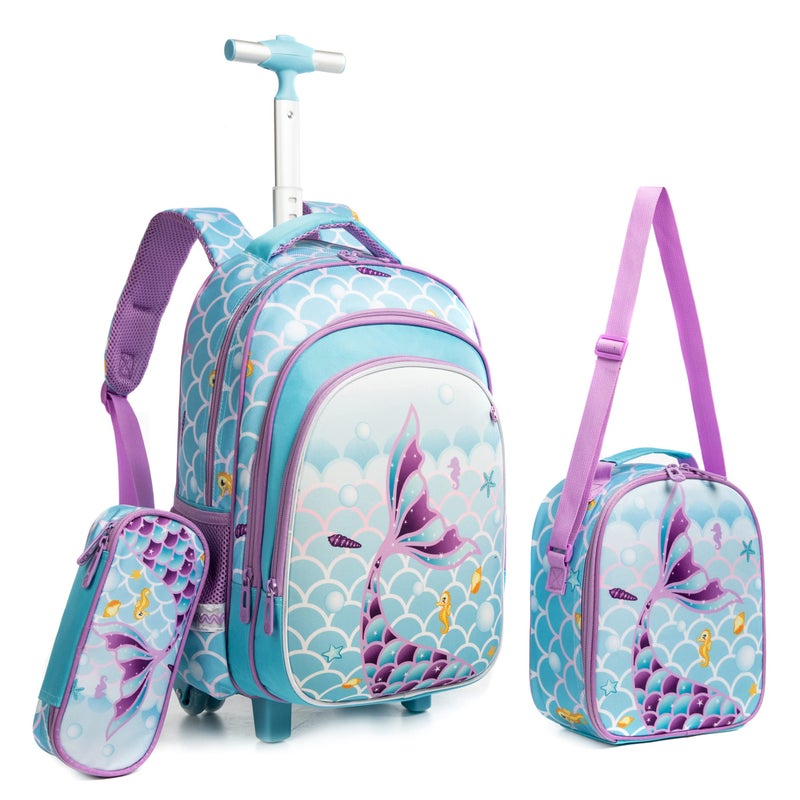 HTgroce Mermaid Blue 16 Inch 3 in 1 Trolley Backpack with Wheels for Girls, Includes Lunch Bag and Pencil Case - Image 1