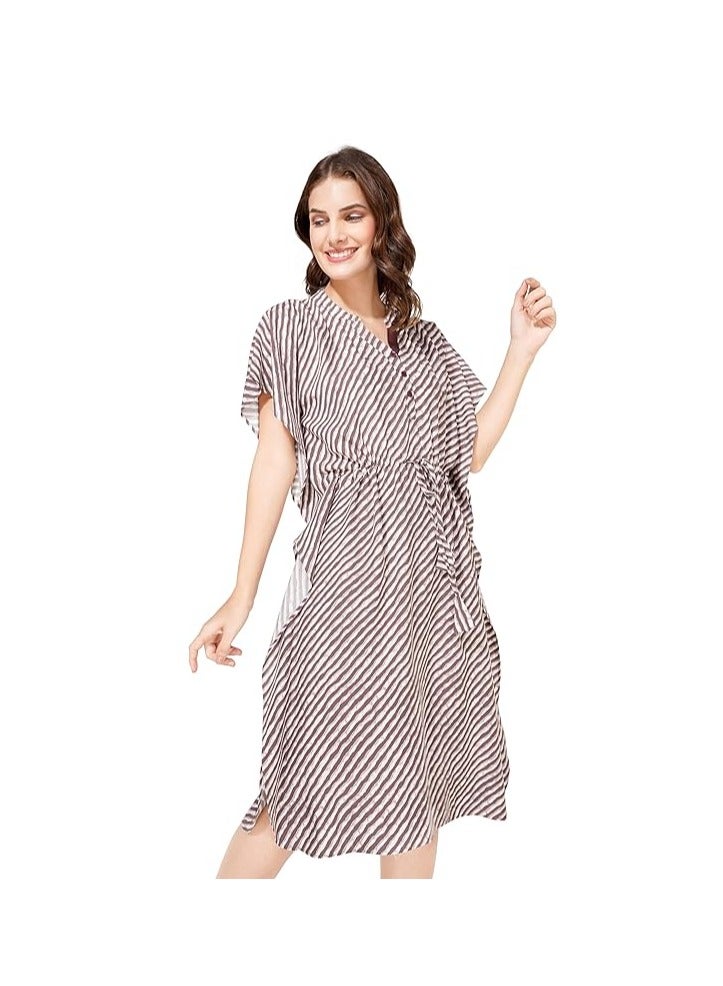 Accessorize Kingdom Women Rayon Stripe Printed Kaftan Night Knee-Length Dress  - Image 4