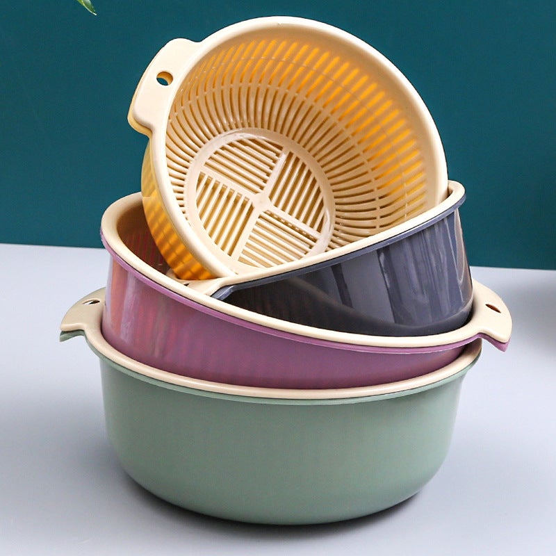 Double-Layer Vegetable Washing Basin Plastic Round Draining Basket Leakage Basin Rice Washing Artifact Vegetable Blue Washing Vegetable Basin Household Kitchen Washing - Image 2