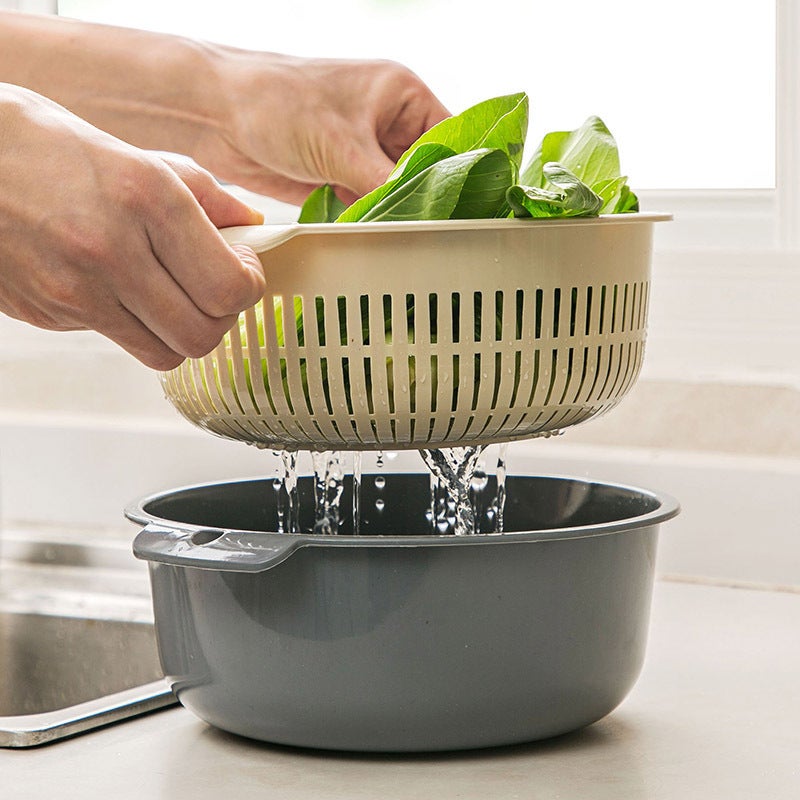 Double-Layer Vegetable Washing Basin Plastic Round Draining Basket Leakage Basin Rice Washing Artifact Vegetable Blue Washing Vegetable Basin Household Kitchen Washing - Image 4