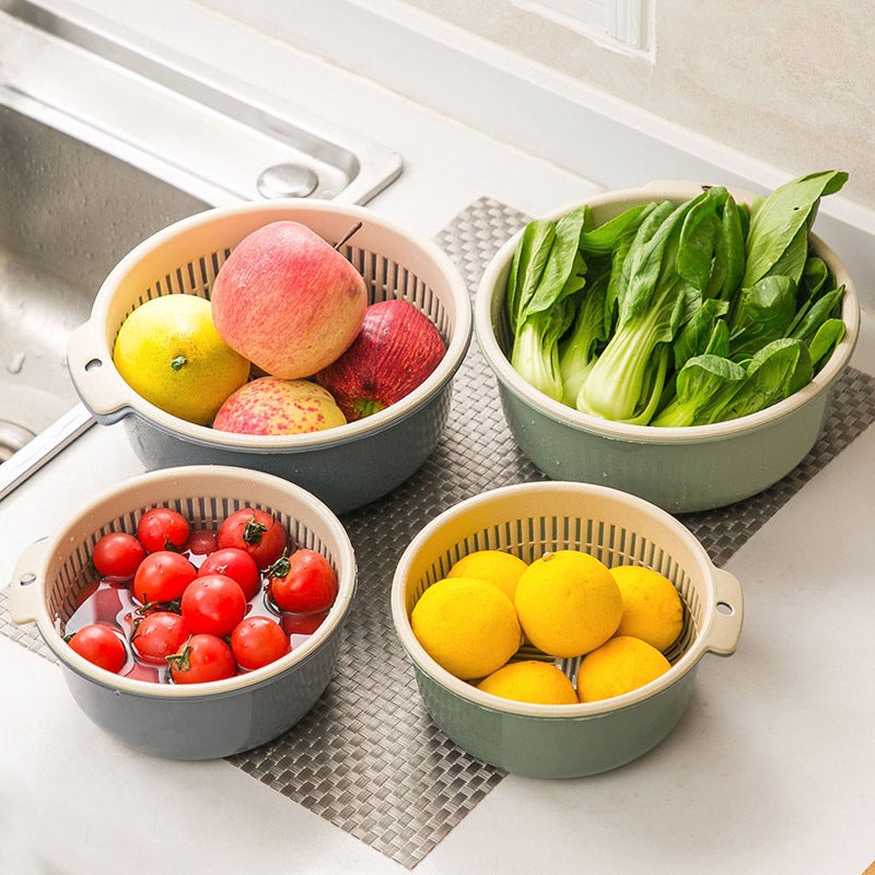 Double-Layer Vegetable Washing Basin Plastic Round Draining Basket Leakage Basin Rice Washing Artifact Vegetable Blue Washing Vegetable Basin Household Kitchen Washing - Image 3