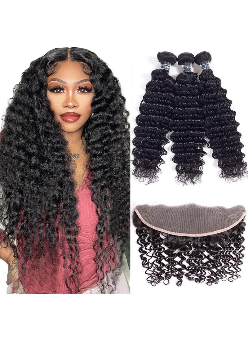 Amella Amella Hair Deep Wave 3 Bundles with Frontal Ear to Ear Lace Frontal Closure with Bundles Brazilian Virgin Hair with Closure Human Hair Extensions (14 16 18+12inch) 