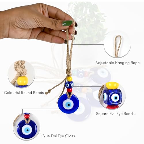 LINENSUTRA® Handmade Turkish Evil Eye Blue Glass Hanging for Good Luck Prosperity Zodiac Success Health Wealth Office Home Decor & Car (Multi Blue) - Image 5