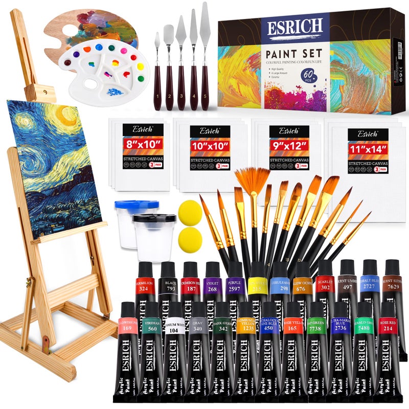 ESRICH Professional Acrylic Paint Set, 60PCS with Painting Brushes,Acrylic Paints,Easel,4 Sizes Blank Canvases,Palette, Paint Knives,Brush Cup and Art Sponges for Adults Hobbyists and Beginners - Image 1