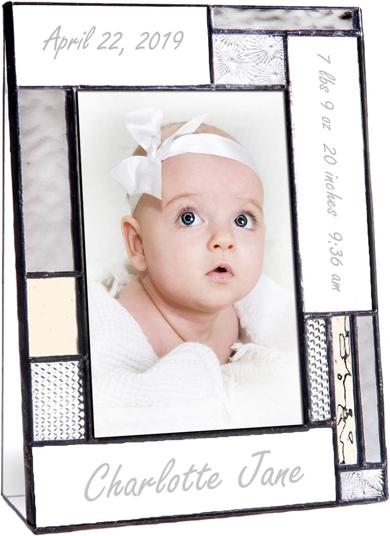 J Devlin Glass Art Personalized Baby Picture Frame Grey and Yellow Engraved Glass 4x6 Photo Nursery decor Newborn Gift for girl or boy J Devlin Pic 39246V EP629 4x6 vertical - Image 1