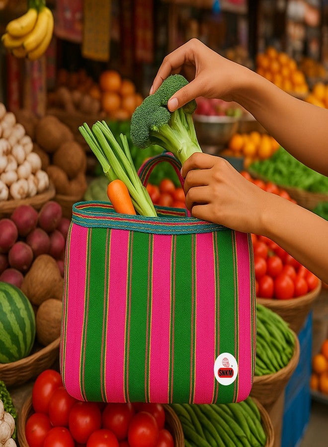 SNKM® - Nylon Bazaar Bag Shopping Grocery with Strong Handle for Fruits, Vegetables and Daily Marketing | Traditional Indian Look | 15kg Load, Multicolour, 15 x 19 Inch, Pack of 2 - Image 3