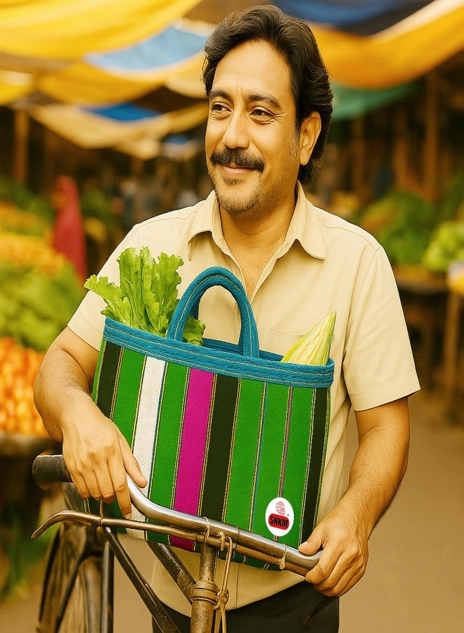 SNKM® - Nylon Bazaar Bag Shopping Grocery with Strong Handle for Fruits, Vegetables and Daily Marketing | Traditional Indian Look | 15kg Load, Multicolour, 15 x 19 Inch, Pack of 2 - Image 4