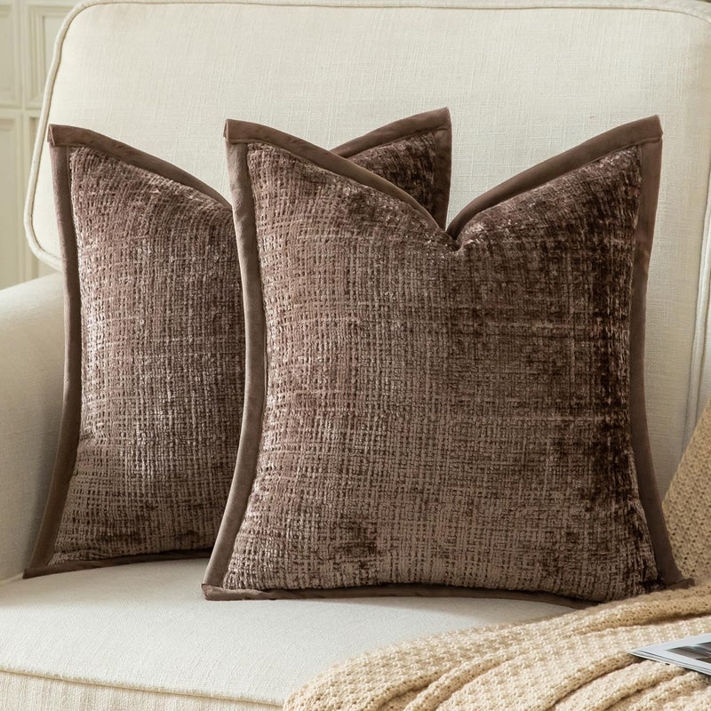 Yaertun Pack of 2 Chenille Textured Decorative Throw Pillow Covers Accent Solid Cushion Cover Soft Cozy Pillow Case with Velvet Back for Couch Sofa Bed Living Room 18x18 Inch Brown - Image 1