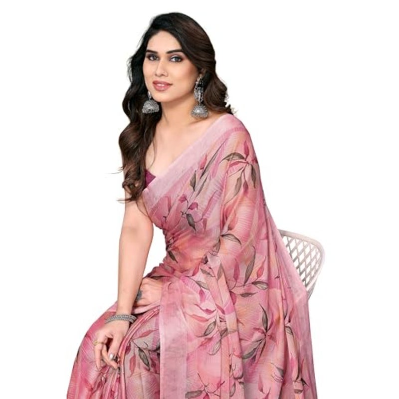 Mirchi Fashion Women's Chiffon Floral Printed Saree With Blouse PCS For Indian Ethnic Wear Lightweight Flowy Multicolor One Piece Set - Image 1