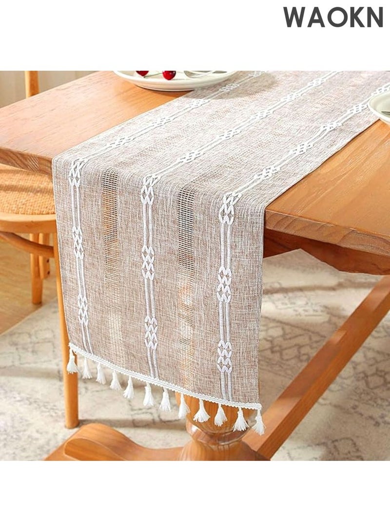 دبليو أيه أو كي أن مفرش طاولة قهوة بوهيمي - مزين بشراشيب من الكتان يدويًا، مقاس 13×47 بوصة | نمط هندسي ريفي كريمي اللون، مناسب لشهر رمضان/الإفطار/الزفاف | حافة مزينة بشراشيب من مزيج قطني فاخر | تصميم منزلي شرق أوسطي - Image 1