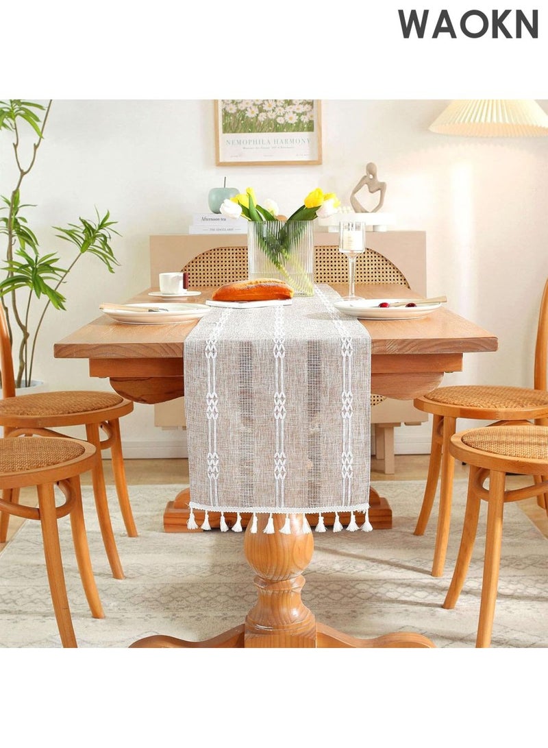 دبليو أيه أو كي أن مفرش طاولة قهوة بوهيمي - مزين بشراشيب من الكتان يدويًا، مقاس 13×47 بوصة | نمط هندسي ريفي كريمي اللون، مناسب لشهر رمضان/الإفطار/الزفاف | حافة مزينة بشراشيب من مزيج قطني فاخر | تصميم منزلي شرق أوسطي - Image 2