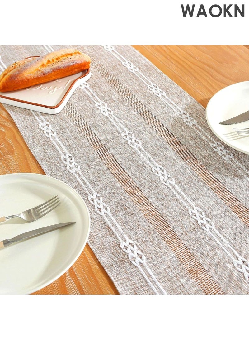 دبليو أيه أو كي أن مفرش طاولة قهوة بوهيمي - مزين بشراشيب من الكتان يدويًا، مقاس 13×47 بوصة | نمط هندسي ريفي كريمي اللون، مناسب لشهر رمضان/الإفطار/الزفاف | حافة مزينة بشراشيب من مزيج قطني فاخر | تصميم منزلي شرق أوسطي - Image 5
