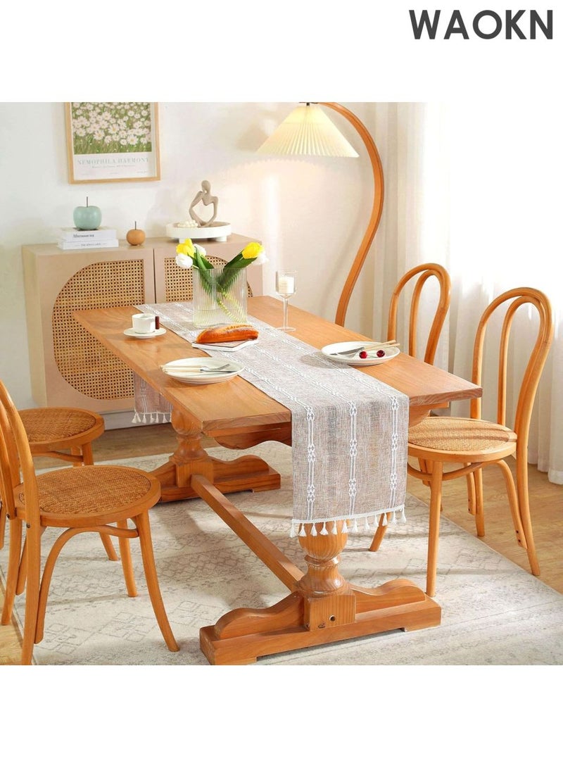 دبليو أيه أو كي أن مفرش طاولة قهوة بوهيمي - مزين بشراشيب من الكتان يدويًا، مقاس 13×47 بوصة | نمط هندسي ريفي كريمي اللون، مناسب لشهر رمضان/الإفطار/الزفاف | حافة مزينة بشراشيب من مزيج قطني فاخر | تصميم منزلي شرق أوسطي - Image 3