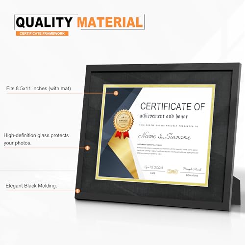 PEALSN 11x14 Diploma Frame, Classic Black Certificate Frame with Real Glass and Double Mat, Display Diploma 8.5x11 with Mat or 11x14 without Mat, Black Mat with Gold Rim, 2 Pack - Image 4