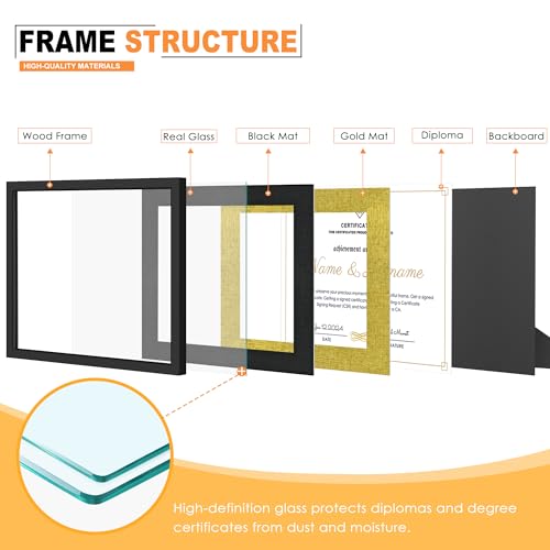 PEALSN 11x14 Diploma Frame, Classic Black Certificate Frame with Real Glass and Double Mat, Display Diploma 8.5x11 with Mat or 11x14 without Mat, Black Mat with Gold Rim, 2 Pack - Image 5