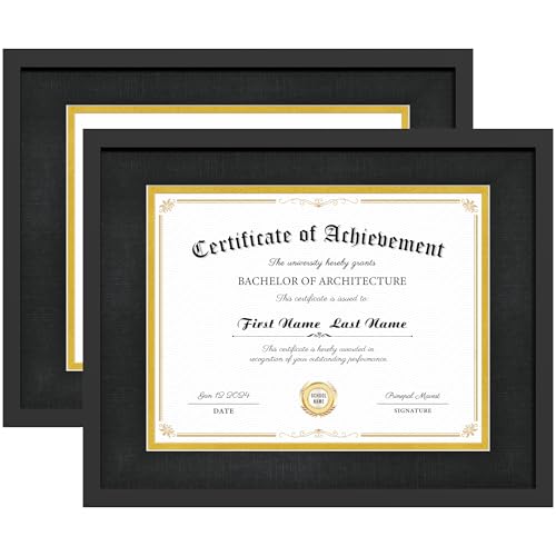 PEALSN 11x14 Diploma Frame, Classic Black Certificate Frame with Real Glass and Double Mat, Display Diploma 8.5x11 with Mat or 11x14 without Mat, Black Mat with Gold Rim, 2 Pack - Image 1