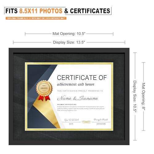 PEALSN 11x14 Diploma Frame, Classic Black Certificate Frame with Real Glass and Double Mat, Display Diploma 8.5x11 with Mat or 11x14 without Mat, Black Mat with Gold Rim, 2 Pack - Image 2