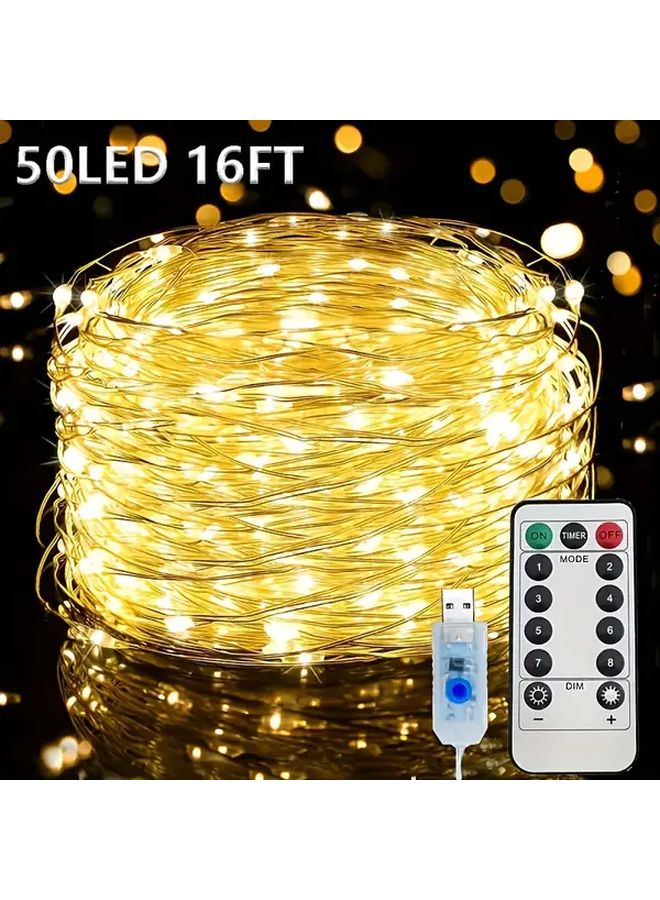 أضواء الجنيات النحاسية الساخنة باللون الأبيض الدافئ مع وصلة USB، 50 مصباح LED، 8 أوضاع، جهاز تحكم عن بعد - Image 4