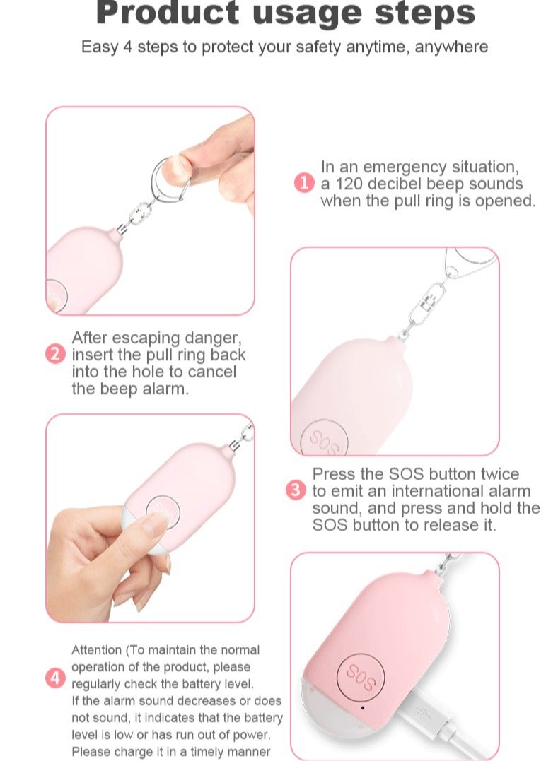 AROAQ SOS Personal Alarm, Waterproof Hanging Flashlight Alarm, USB Rechargeable Loud Alarm Safety Keychain, Easy To Carry Self Defense Siren For Elderly Women Kids, (1pc, B300 Pink) - Image 4