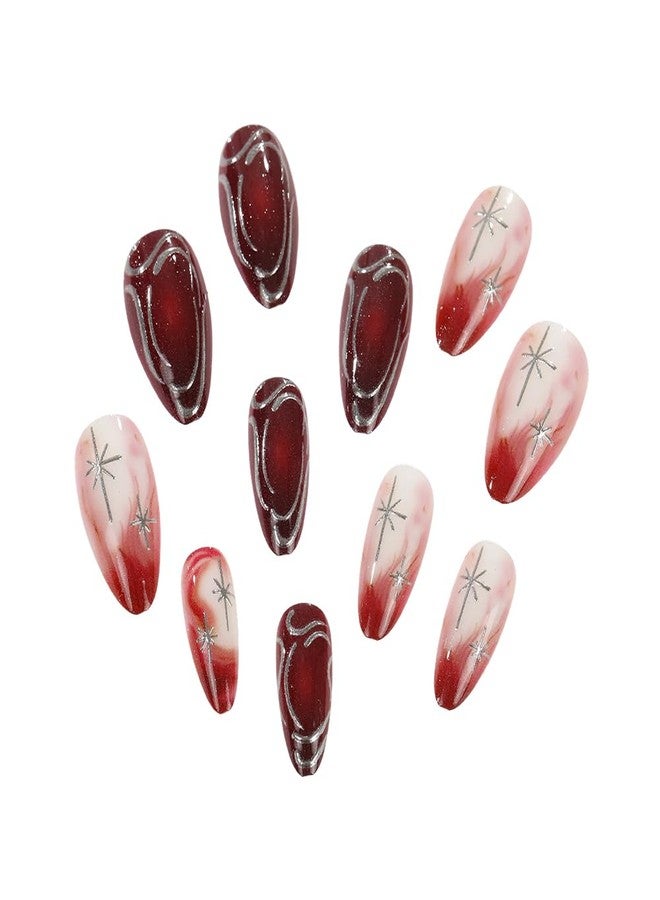 OCOUYVD 3D Red Gradient Press on Nails Almond - Medium Glitter Fake Nails with Silvery Line Red Heart & Star Designs, Glossy Finish Reusable False Nails with Glue Tabs - 24PCS Nail Kit for Women Manicure - Image 5