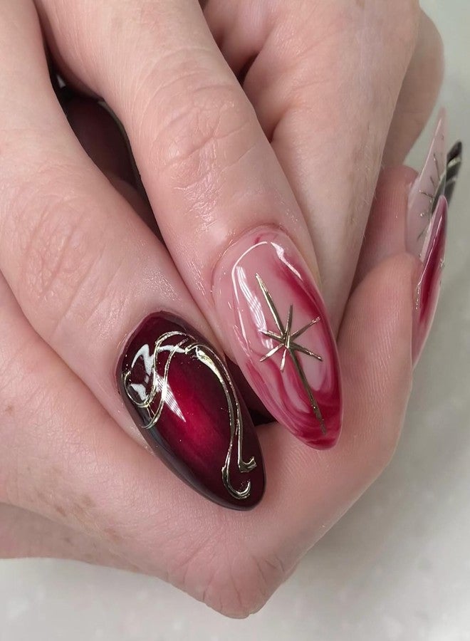 OCOUYVD 3D Red Gradient Press on Nails Almond - Medium Glitter Fake Nails with Silvery Line Red Heart & Star Designs, Glossy Finish Reusable False Nails with Glue Tabs - 24PCS Nail Kit for Women Manicure - Image 2