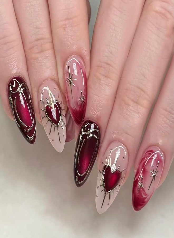 OCOUYVD 3D Red Gradient Press on Nails Almond - Medium Glitter Fake Nails with Silvery Line Red Heart & Star Designs, Glossy Finish Reusable False Nails with Glue Tabs - 24PCS Nail Kit for Women Manicure - Image 1