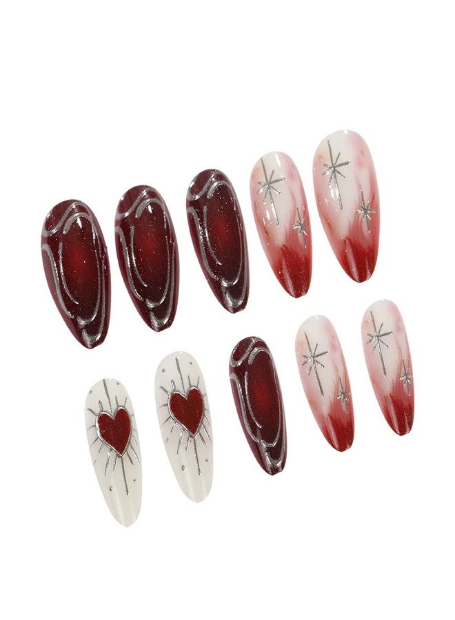 OCOUYVD 3D Red Gradient Press on Nails Almond - Medium Glitter Fake Nails with Silvery Line Red Heart & Star Designs, Glossy Finish Reusable False Nails with Glue Tabs - 24PCS Nail Kit for Women Manicure - Image 4