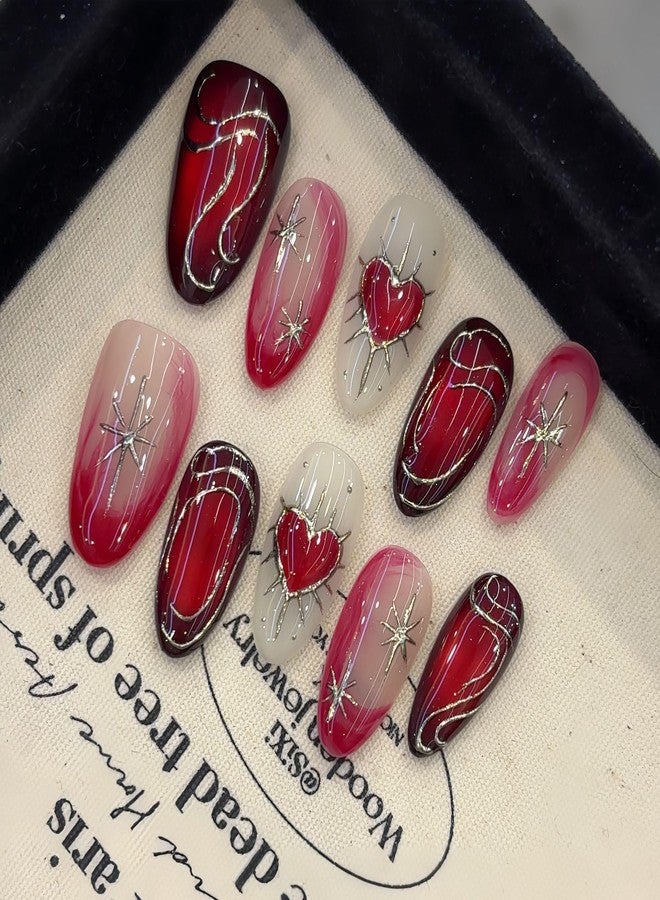 OCOUYVD 3D Red Gradient Press on Nails Almond - Medium Glitter Fake Nails with Silvery Line Red Heart & Star Designs, Glossy Finish Reusable False Nails with Glue Tabs - 24PCS Nail Kit for Women Manicure - Image 3