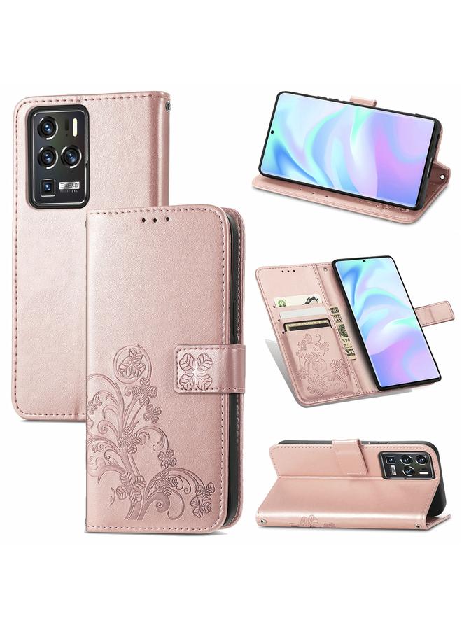 The Bros Case For ZTE Axon 30 Ultra 5G Four-leaf Clasp Embossed Buckle Mobile Phone Protection Leather Case with Lanyard & Card Slot & Wallet & Bracket Function