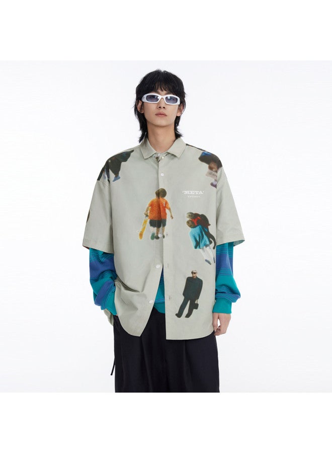 EPTISON قميص فضفاض بطبعة حروف موضة الصيف الوطنية بتصميم ألوان متباينة للرجال، قميص جاكيت غير رسمي للتنقل - Image 4