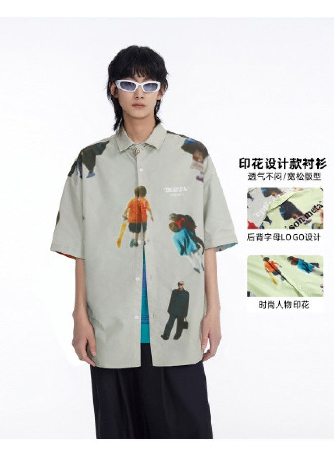 EPTISON قميص فضفاض بطبعة حروف موضة الصيف الوطنية بتصميم ألوان متباينة للرجال، قميص جاكيت غير رسمي للتنقل - Image 1